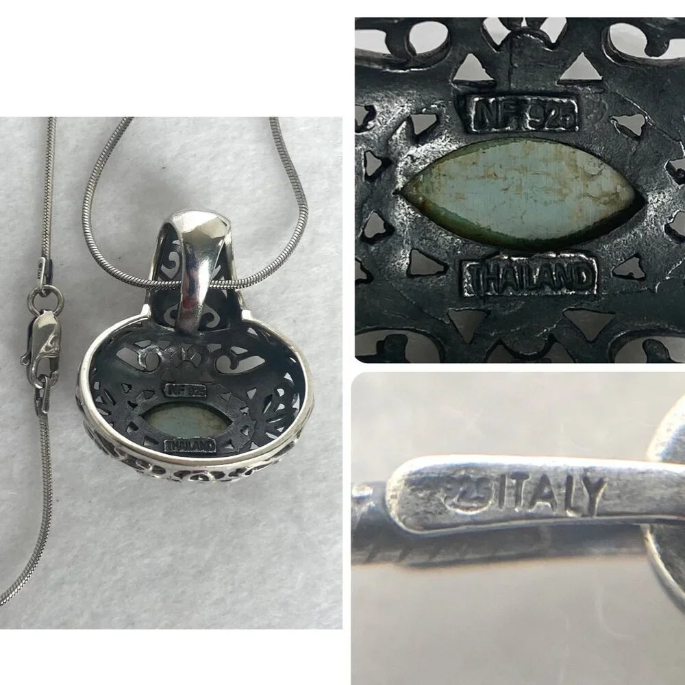 Sterling Silver 925 Chunky Bali Style Scrollwork Turquoise Pendant Necklace 18